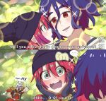  1girl 2boys amate_yuzuriha aqua_eyes ariamikukanzaki blonde_hair blue_hair blush bodysuit char_aznable colored_inner_hair english_commentary english_text epaulettes gloves gundam gundam_gquuuuuux hat helmet jacket long_sleeves mask mecha_pilot_suit military military_uniform multicolored_bodysuit multicolored_hair multiple_boys normal_suit_(gundam) open_mouth purple_hair red_eyes red_hair red_jacket science_fiction shirt short_hair shuji_ito smile tank_top two-tone_hair zeon 
