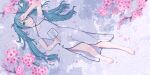  1girl :o absurdres alternate_costume barefoot blurry blush breasts cappu_chino1204 cherry_blossoms china_dress chinese_clothes cleavage cleavage_cutout clothing_cutout commentary dappled_sunlight day depth_of_field dress dutch_angle falling_petals feet field floral_print floral_print_dress flower flower_field from_above full_body green_eyes green_hair hair_between_eyes hair_ribbon hand_fan hand_on_own_forehead hand_up hatsune_miku highres holding holding_fan long_hair looking_at_viewer lying miku_day on_back open_mouth outdoors petals pink_flower print_dress red_ribbon ribbon short_sleeves sidelocks solo spring_(season) sunlight toenails toes twintails very_long_hair vocaloid white_dress white_flower 