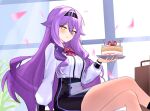  1girl birthday_cake black_skirt breasts cake commentary crossed_legs english_commentary falling_petals food highres holding holding_plate honkai_(series) honkai_impact_3rd indoors long_hair official_alternate_costume pencil_skirt petals plate purple_hair shirt sirin sirin_(magic_academy_uniform) sirin_(miracle_magical_girl) sitting skirt small_breasts smile solo thighs very_long_hair white_shirt yellow_eyes yue_kanade 