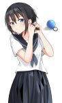  1girl black_hair black_sailor_collar black_skirt blue_eyes blush cac_itinose closed_mouth commentary_request fingernails grey_neckerchief hair_between_eyes hands_up highres looking_at_viewer neckerchief original pink_nails pleated_skirt sailor_collar school_uniform serafuku shadow shirt short_sleeves simple_background skirt solo tying_hair white_background white_shirt 