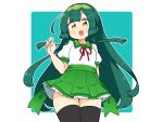  1girl :d black_thighhighs blush border cowboy_shot green_background green_hair green_sailor_collar green_skirt hand_up highres ini_(inunabe00) long_hair looking_at_viewer neck_ribbon open_mouth outline outside_border pea_pod pleated_skirt red_ribbon ribbon sailor_collar school_uniform serafuku shirt short_sleeves simple_background skirt smile solo thighhighs touhoku_zunko vocaloid voiceroid white_border white_outline white_shirt yellow_eyes zettai_ryouiki 