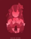  1girl absurdres architecture artist_name bell character_name double_bun east_asian_architecture hair_bell hair_bun hair_ornament highres hololive horns long_hair mask mask_on_head multiple_torii multiple_views nakiri_ayame nakiri_ayame_(1st_costume) rezami shooting_star silhouette torii tree virtual_youtuber 