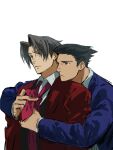 2boys ace_attorney arms_up black_hair blue_jacket brown_eyes closed_mouth collared_shirt curtained_hair frown grey_hair head_on_another&#039;s_shoulder highres jacket long_sleeves looking_back male_focus miles_edgeworth multiple_boys necktie phoenix_wright red_jacket red_necktie shirt short_hair short_sideburns simple_background sotenborii suit_jacket undoing_another&#039;s_necktie upper_body white_background white_shirt wing_collar 