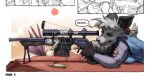 aiming aiming_weapon american_opossum anthro blue_clothing blue_topwear bullet bullet_casing clothed clothing comic cropped eyelashes female fingerless_gloves french_text gloves green_eyes gun hair handwear hi_res lying mammal marsupial on_front ponytail ranged_weapon rifle scope shooting simple_background sniper sniper_rifle solo syn-6 tape text topwear weapon white_background
