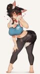  1girl absurdres alternate_costume animal_ear_fluff animal_ears barefoot black_choker black_hair black_pants blue_sports_bra breasts choker cleavage closed_mouth commentary crossed_bangs double-parted_bangs english_commentary full_body glasses grey_background hair_bun hair_ornament hairclip hand_on_own_knee highres hololive large_breasts leaning_forward looking_at_viewer midriff multicolored_hair navel ookami_mio pants rectangular_eyewear red_hair semi-rimless_eyewear sidelocks simple_background single_hair_bun solo sports_bra standing streaked_hair tail varniskarnis virtual_youtuber wiping_sweat wolf_ears wolf_girl wolf_tail wristband yellow_eyes yoga_pants 