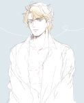  1boy bishounen blonde_hair blue_eyes closed_mouth collared_shirt dio_brando jojo_no_kimyou_na_bouken looking_at_viewer marimocham navel open_clothes open_shirt pale_color pale_skin phantom_blood shirt solo unbuttoned unbuttoned_shirt 