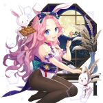  1girl animal_ears bamboo blue_bow blue_eyes bow breasts brown_pantyhose choker dango food full_moon hair_bow holding holding_food kaguya_fullmoon long_hair mitarashi_dango moon open_mouth pantyhose pink_hair playboy_bunny purple_choker rabbit rabbit_ears salt_(salty) small_breasts uchi_no_hime-sama_ga_ichiban_kawaii wagashi wavy_hair window 
