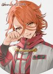  1boy absurdres antenna_hair fire_emblem fire_emblem_engage grin hair_between_eyes hand_up haru_(nakajou-28) highres looking_at_viewer male_focus messy_hair open_mouth orange_hair pandreo_(fire_emblem) priest red_trim robe simple_background smile solo teeth upper_body white_background white_robe yellow_eyes 