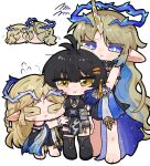  &gt;_&lt; 3girls antenna_hair black_boots black_dress black_hair black_thighhighs blonde_hair blue_eyes blue_hair boots breasts cartethyia_(wuthering_waves) chibi chibi_only colored_inner_hair commentary crown_of_thorns dress female_rover_(wuthering_waves) fleurdelys_(wuthering_waves) flying_sweatdrops hair_ribbon hashtag-only_commentary highres horns large_breasts long_hair looking_at_another multicolored_hair multiple_girls multiple_persona parted_bangs pelvic_curtain pointy_ears pouch pout remnant_cube_(wuthering_waves) ribbon rover_(wuthering_waves) simple_background single_horn tacet_mark_(wuthering_waves) thigh_boots thigh_pouch thighhighs thighhighs_under_boots thighs very_long_hair white_background wuthering_waves yellow_eyes yellow_horns yellow_ribbon zunusama 