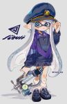  1girl artist_name blue_background blue_eyes blue_hair blue_hat blue_jacket blue_shoes bright_pupils closed_mouth commentary_request full_body hand_on_headwear hat highres holding holding_weapon inkling inkling_girl inkling_player_character jacket loafers long_hair long_sleeves looking_at_viewer loose_socks maco_spl multicolored_eyes multicolored_jacket peaked_cap pointy_ears purple_jacket red_eyes red_shirt shirt shoes socks solo splash-o-matic_(splatoon) splatoon_(series) splatoon_3 standing striped_clothes striped_jacket tentacle_hair two-tone_eyes two-tone_jacket very_long_hair weapon white_pupils white_socks 