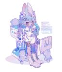  1girl animal_ear_fluff animal_ears blue_eyes blue_hair blue_thighhighs boots buttons candy_hair_ornament coat commentary cup drinking eyes_visible_through_hair food-themed_hair_ornament full_body hair_ornament hairclip heart heart_hair_ornament highres holding holding_cup lace-up_boots long_hair long_sleeves original ozureiji rabbit_ears single_thighhigh solo standing stuffed_animal stuffed_toy symbol-only_commentary teddy_bear thigh_strap thighhighs tsurime twintails watermark white_boots white_coat 