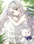  1girl angel angel_wings bare_shoulders blue_bow blue_bowtie blue_eyes blush bow bowtie closed_mouth commentary_request commission curtained_hair dot_nose dress feathered_wings feet_out_of_frame frilled_dress frills hair_over_shoulder hand_on_own_arm hand_on_own_knee knees_up leaf light_particles long_hair medium_dress original parted_bangs sitting skeb_commission sleeveless sleeveless_dress smile solo stuffed_animal stuffed_toy teddy_bear tententuyu wavy_hair white_hair wings 