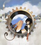  1girl absurdres ahoge animal_ears armband black_eyes black_hair black_shorts blue_sky brown_socks crop_top ears_down fingerless_gloves from_side gloves highres industrial_pipe looking_at_viewer lying navel on_back original roman_numeral shoes short_hair short_shorts shorts sky sleeveless smokestack socks solo steam tail watermark yonq98 