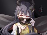  2girls :d absurdres bare_shoulders black_background black_horns blue_eyes buttons cape ceras_yanagida_lilienfeld closed_mouth clothing_cutout club_(shape) colored_text_highlight commentary demon_horns detached_sleeves diamond_(shape) double-breasted edelied floating_cape grey_cape grey_hair grey_hat hair_ornament hanazora_satsuki hands_up hat heart highres holding holding_removed_eyewear horns katsuragi_izumi layered_sleeves light_particles link!_like!_love_live! long_hair long_sleeves looking_at_viewer love_live! mini_hat multiple_girls official_alternate_costume open_mouth orange-framed_eyewear orange_eyes red_cape shoulder_cutout simple_background slit_pupils smile solo_focus spade_(shape) sunglasses symbol-only_commentary tilted_headwear translation_request triangle_hair_ornament two-sided_cape two-sided_fabric unworn_eyewear upper_body v-shaped_eyebrows very_long_hair virtual_youtuber wolf_cut 