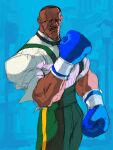  1boy bow boxing boxing_gloves dark-skinned_male dark_skin dudley facial_hair game_cg highres looking_at_viewer male_focus muscular muscular_male mustache nishimura_kinu non-web_source official_art shirt solo street_fighter street_fighter_iii_(series) suspenders very_dark_skin 