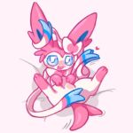 1:1 2025 ambiguous_gender astella1204 blue_eyes blush blush_lines bow_(anatomy) covering covering_crotch eeveelution feral fur generation_6_pokemon heart_symbol looking_at_viewer lying nintendo on_back open_mouth paws pink_body pink_fur pokemon pokemon_(species) ribbons_(anatomy) signature solo sylveon tail white_body