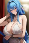  1girl absurdres armlet bare_shoulders blue_eyes blue_hair blurry blurry_background blush bodam breasts choker cleavage closed_mouth collarbone dress goddess_of_victory:_nikke hair_intakes hair_ornament hand_up helm_(chandelier)_(nikke) helm_(nikke) highres huge_breasts jewelry long_hair looking_at_viewer official_alternate_costume solo upper_body white_dress 