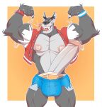 2019 abs activision alternate_species anthro anti_dev barazoku belt biceps big_muscles big_nipples big_penis bodily_fluids bottomwear bulge canid canine claws clock clothing crash_bandicoot_(series) dasyuromorph drooling ear_piercing eyebrows fangs flexing flexing_bicep flexing_both_biceps fur genitals grey_body grey_fur hi_res humanoid_genitalia humanoid_penis jacket letterman_jacket looking_at_viewer male mammal manly marsupial motion_lines muscular muscular_anthro muscular_arms muscular_male mythological_canine mythological_creature mythology nipples orange_sclera pecs penis piercing recently_extinct_species ring saliva sharp_teeth shorts simple_background solo teeth thick_eyebrows thylacine tiny_tiger tongue tongue_out topwear torn_bottomwear torn_clothing torn_shorts underwear watch werecanid werecanine werecreature werewolf werewolf_tiny_tiger white_body white_fur wristband