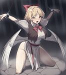  1girl arms_up black_vest blonde_hair bow bowtie breasts chained_wrists commentary_request cropped_vest crying crying_with_eyes_open cuffs dress feathered_wings gengetsu_(touhou) hair_bow jony_(avion_mura) kneeling large_breasts low_wings open_mouth outstretched_arms red_bow red_bowtie shackles solo spread_arms tears torn_clothes torn_dress torn_vest touhou vest white_dress white_wings wings yellow_eyes 