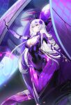  1girl absurdres blurry blurry_background bodysuit breasts calder center_opening chinese_commentary cleavage cleavage_cutout clothing_cutout commentary_request covered_navel crystal crystal_shards floating_hair flower gem glowing glowing_wings hair_flower hair_intakes hair_ornament hand_up highres large_breasts long_hair looking_ahead machinery mecha nemesis_(tower_of_fantasy) nemesis_-_voidpiercer parted_lips purple_bodysuit purple_eyes purple_flower purple_gemstone robot solo sparks tower_of_fantasy very_long_hair white_hair wings 