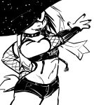 2025 anaugi anthro armwear bare_shoulders black_and_white bottomwear bunlith_(b0tster) clothing collar crop_top female fishnet_armwear fishnet_clothing floppy_ears hat headgear headwear hi_res hotpants lagomorph leporid long_ears makeup mammal mascara midriff monochrome navel pose rabbit scut_tail shirt short_tail shorts simple_background solo spiked_collar spikes tail topwear white_background witch_hat