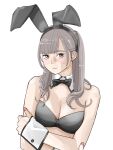  1girl absurdres animal_ear_hairband animal_ears bikini black_bikini black_bow black_bowtie bow bowtie breasts cleavage commentary crossed_arms detached_collar fake_animal_ears grey_hair hairband highres long_hair looking_at_viewer nail_polish original pink_nails playboy_bunny rabbit_ear_hairband rabbit_ears sakamoto_giulietta simple_background solo swimsuit upper_body white_background wrist_cuffs 