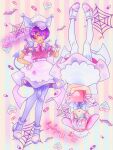  2girls :o animal_ears apron aqua_eyes back_bow bad_id bad_twitter_id bandaid bare_arms bat_(animal) blue_bow blue_bowtie blue_capelet blunt_bangs bow bowtie capelet center_frills character_name chocofish clipboard commentary dark-skinned_female dark_skin demon_tail dot_nose dress ear_covers eyelashes eyepatch frilled_capelet frilled_sleeves frills full_body gloves grey_capelet hair_between_eyes hair_bow hair_ornament hairband hairclip hand_on_own_hip hashtag-only_commentary hat heart heart_eyepatch heart_hair_ornament heart_print high_heels holding holding_clipboard holding_syringe hood hood_up hooded_capelet kuromi lace-trimmed_headwear lace_hairband lace_trim large_bow light_blush light_particles lop_rabbit_ears multiple_girls my_melody nurse nurse_cap onegai_my_melody open_mouth pantyhose personification pink_background pink_bow pink_bowtie pink_dress pink_hair pink_shirt pink_shoes pleated_dress pom_pom_(clothes) puffy_short_sleeves puffy_sleeves pumps purple_hair purple_shoes purple_skirt purple_tail purple_thighhighs rabbit_ears red_eyes sanrio shirt shoes short_dress short_hair short_sleeves silk skirt spider_web standing striped_clothes striped_pantyhose syringe tail tareme thighhighs two-tone_background upside-down vertical-striped_background vertical-striped_clothes vertical-striped_pantyhose white_apron white_bow white_gloves white_hairband white_hat white_pantyhose x_hair_ornament yellow_background 