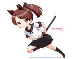  1girl anchor_symbol animal_ears black_sailor_collar black_skirt brown_eyes brown_hair brown_neckerchief cat_ears cat_tail dated full_body kantai_collection katana masara_(chuujou) neckerchief one-hour_drawing_challenge pleated_skirt ponytail running sailor_collar sailor_shirt scabbard school_uniform serafuku sheath shikinami_(kancolle) shikinami_kai_ni_(kancolle) shirt short_hair simple_background skirt solo sword tail twitter_username unsheathing weapon white_background 
