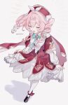  1girl aqua_bow bow closed_eyes curtsey dress drill_hair facing_viewer footwear_bow from_above full_body grey_background hashtag-only_commentary hat highres honkai:_star_rail honkai_(series) hyacine_(honkai:_star_rail) lilaclilac00 long_hair long_sleeves multicolored_hair open_mouth pantyhose pink_hair red_bow red_dress red_hat simple_background skirt_hold smile solo standing twin_drills twintails twitter_username two-tone_hair white_pantyhose white_sleeves 