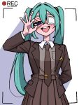  1girl aqua_hair arm_behind_back bandaid bandaid_on_hand blue_eyes brown_jacket brown_necktie brown_shirt brown_skirt collared_shirt eyepatch freckles hair_between_eyes hatsune_miku jacket jaggy_lines ji_heeeeeee korean_commentary long_hair looking_at_viewer medical_eyepatch monitoring_(vocaloid) necktie ok_sign ok_sign_over_eye open_mouth pleated_skirt recording shirt skirt solo teeth twintails upper_teeth_only very_long_hair vocaloid 
