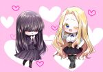  2girls :d black_garter_straps black_hair black_jacket black_pantyhose black_skirt black_sweater blazer blonde_hair blue_cross_tie blue_eyes blush breasts brown_corset brown_shoes character_name chibi chibi_only collared_shirt colored_eyelashes corset covered_eyes curtained_hair floral_print_thighhighs forehead full_body garter_straps hair_over_eyes hand_on_own_cheek hand_on_own_face hand_on_own_hip hands_up heart heart_background jacket kakure_meme kimi_no_koto_ga_dai_dai_dai_dai_daisuki_na_100-nin_no_kanojo large_breasts leg_up long_hair long_skirt long_sleeves looking_at_viewer miniskirt mole mole_under_mouth multiple_girls ohananomitsu_high_school_uniform one_eye_closed open_mouth pantyhose pink_background pleated_skirt raised_eyebrows school_uniform shirt shoes sidelocks skirt smile standing standing_on_one_leg sweater turtleneck turtleneck_sweater utsukushisugi_mimimi very_long_hair wavy_hair white_shirt yumenobetsu 