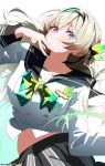  1girl absurdres black_bow black_hairband black_sailor_collar blue_eyes blue_pupils bow bowtie breasts buttons chromatic_aberration closed_mouth collarbone commentary cryne double-breasted fingernails firefly_(honkai:_star_rail) firefly_(spring_missive)_(honkai:_star_rail) gradient_background green_background green_bow green_bowtie grey_skirt hair_bow hairband hand_up highres honkai:_star_rail honkai_(series) large_breasts long_sleeves looking_at_viewer multicolored_eyes official_alternate_costume purple_eyes sailor_collar school_uniform serafuku shirt simple_background skirt smile solo twitter_username white_background white_shirt yellow_eyes 