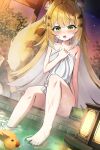  1girl absurdres animal_ear_fluff animal_ears barefoot blonde_hair blush colored_inner_hair commentary green_eyes highres ju_fufu long_hair looking_at_viewer multicolored_hair naked_towel onsen open_mouth sitting solo tail tiger_ears tiger_girl tiger_tail tist toes towel white_hair zenless_zone_zero 