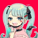  1girl :d aqua_eyes aqua_hair bandaid bandaid_on_neck barbell_piercing black_nails black_ribbon commentary_request ear_piercing facial_mark fang fingernails frilled_shirt frills hair_ornament hair_ribbon hatsune_miku heart heart_facial_mark heart_hair_ornament highres jewelry looking_at_viewer mask momokan_(mmkn100) mouth_mask nail_polish outline piercing pink_shirt red_background ribbon ring shirt signature smile solo spike_piercing teeth tongue twintails upper_teeth_only v vampire_(vocaloid) vocaloid wings 