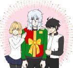  1girl 2boys ahoge arcueid_brunestud black_eyes black_pants blonde_hair blush christmas_sweater expressionless glasses hair_between_eyes hands_on_shoulders highres i_touhu jacket jewelry looking_at_viewer multiple_boys necklace pants pantyhose red_eyes shirt short_hair skirt sweater tohno_shiki tsukihime tsukihime_(remake) turtleneck turtleneck_sweater ugly_sweater vampire vlov_arkhangel white_hair white_shirt 