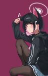  021_kav 1girl absurdres animal_ears black_choker black_hair black_hoodie black_pantyhose blue_archive cat_choker cat_ears choker colored_inner_hair extra_ears green_sailor_collar grey_skirt hair_ornament hairclip halo highres hood hoodie kazusa_(blue_archive) long_sleeves looking_at_viewer miniskirt multicolored_hair neckerchief pantyhose pink_hair pink_halo pink_neckerchief pleated_skirt red_background sailor_collar short_hair simple_background skirt solo two-tone_hair 