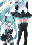  ! !! 1girl amaama_(beccyonaika1) aqua_eyes aqua_hair bare_shoulders black_skirt blush boots breasts collarbone detached_sleeves embarrassed hair_between_eyes hair_ornament hatsune_miku highres long_hair long_sleeves looking_at_viewer medium_breasts miniskirt open_mouth pleated_skirt shirt simple_background skirt sleeveless sleeveless_shirt speech_bubble thigh_boots twintails twintails_day very_long_hair vocaloid white_background white_shirt wide_sleeves zettai_ryouiki 