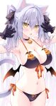  1girl absurdres animal_ears armpits arms_up bell bikini black_bikini black_choker black_gloves black_ribbon blush breasts cat_ears cat_girl cat_tail choker cleavage demon_wings front-tie_bikini_top front-tie_top gloves grey_hair hair_ornament hair_ribbon highres jingle_bell large_breasts long_hair looking_at_viewer navel nikyuppa open_mouth original ribbon side-tie_bikini_bottom solo stomach swimsuit tail white_hair wings yellow_eyes 