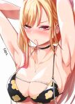  1girl absurdres armpits arms_behind_head arms_up barbell_piercing bikini black_bikini black_choker blonde_hair breasts choker cleavage closed_mouth collarbone colored_tips commentary ear_piercing earrings floral_print hair_tie_in_mouth hands_in_hair highres holding holding_own_hair hoop_earrings jewelry kitagawa_marin large_breasts long_hair mouth_hold multicolored_hair necklace piercing pink_eyes poolpool print_bikini signature solo sono_bisque_doll_wa_koi_wo_suru swimsuit tape_measure upper_body 