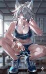  1girl a0lp animal_ear_piercing animal_ears artist_logo bare_shoulders blue_shoes blue_sports_bra bottle breasts cleavage_cutout clothing_cutout commentary feixiao_(fitness)_(honkai:_star_rail) feixiao_(honkai:_star_rail) forehead_jewel fox_ears fox_girl gradient_hair green_eyes green_hair green_nails highres holding holding_bottle honkai:_star_rail honkai_(series) indoors large_breasts logo long_hair looking_to_the_side multicolored_hair nail_polish navel official_alternate_costume parted_bangs parted_lips ponytail shoes sneakers solo sports_bra squatting stomach sweat thighs very_long_hair water_bottle white_hair wiping_face wristband 