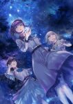  3girls :d absurdres artist_name asterism_(love_live!) beret black_hat blue_ribbon bob_cut breasts brown_hair character_name closed_mouth commentary constellation dream_believers dress feet_out_of_frame flower frilled_dress frills fujishima_megumi green_eyes grey_hair hair_bun hair_flower hair_ornament hat highres inverted_bob kuzia_(atarayo) layered_dress link!_like!_love_live! long_hair looking_at_viewer looking_up love_live! medium_breasts medium_dress multicolored_hair multiple_girls neck_ribbon night night_sky official_alternate_costume open_mouth otomune_kozue pink_dress purple_eyes purple_hair red_flower red_hair ribbon shooting_star short_hair side_ponytail sidelocks signature single_side_bun sky smile song_name standing star_(sky) starry_sky streaked_hair tassel tassel_hair_ornament virtual_youtuber watermark white_dress yugiri_tsuzuri 