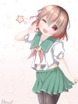  1girl adapted_costume black_pantyhose brown_hair commentary_request cowboy_shot crescent crescent_pin gradient_hair green_sailor_collar green_skirt kantai_collection looking_at_viewer multicolored_hair mutsuki_(kancolle) mutsuki_kai_ni_(kancolle) neckerchief no_jacket one-hour_drawing_challenge one_eye_closed pantyhose red_eyes red_neckerchief sail sailor_collar school_uniform serafuku shirt short_hair short_sleeves skirt smile solo star_(symbol) uraguchi_hiiro v white_shirt 