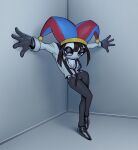  1girl black_gloves black_necktie black_pants black_shoes blue_eyes blue_hat breasts brown_hair full_body gloves half-closed_eyes hat highres jester_cap loose_necktie mthsmelo multicolored_eyes necktie outstretched_arms pants partially_unbuttoned pomni_(the_amazing_digital_circus) posing red_eyes red_hat shirt shoes solo spread_arms suspenders the_amazing_digital_circus two-tone_eyes two-tone_hat white_shirt 