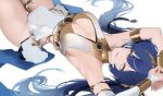  1girl ancient_greek_clothes armlet armpits arms_up bare_shoulders blue_hair blush breasts cleavage commentary english_commentary greco-roman_clothes hair_spread_out highres iuno_(wuthering_waves) jewelry large_breasts long_hair looking_at_viewer lying on_back parted_lips re0n sideboob smile solo thighlet thighs twintails unfinished very_long_hair wuthering_waves 
