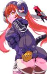  1girl absurdres breasts dragon_girl dragon_tail gloves highres hood hoodie horns iii-ove-iii long_hair orange_hair orpheus_(zenless_zone_zero) pointy_ears simple_background solo tail thighhighs twintails zenless_zone_zero 