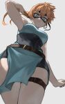  1girl absurdres boku_no_hero_academia breasts china_dress chinese_clothes closed_mouth domino_mask dress fengling_(furin-jp) green_eyes highres kendo_itsuka large_breasts long_hair looking_at_viewer mask orange_hair pelvic_curtain ponytail pout shorts_under_dress side_ponytail side_slit simple_background solo superhero_costume thigh_strap white_background 