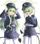  2girls absurdres armband belt black_tail blue_archive blue_armband blue_shorts buttons demon_tail double-breasted fang gloves green_hair green_halo halo hat highres hikari_(blue_archive) laughing lazy_jeyuk_bokkeum long_hair looking_at_viewer multiple_girls nozomi_(blue_archive) pantyhose peaked_cap pointy_ears rabbit_pose short_shorts shorts siblings sisters skin_fang tail train_conductor twins twintails white_background white_pantyhose 