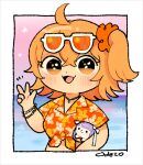  1girl ahoge border bracelet character_doll deformed doll fate/grand_order fate_(series) fujimaru_ritsuka_(female) fujimaru_ritsuka_(female)_(tropical_summer) hawaiian_shirt jewelry martha_(fate) odetooo one_side_up open_mouth orange-tinted_eyewear orange_hair orange_shirt shirt solo tinted_eyewear white-framed_eyewear white_border 