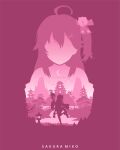  1girl absurdres ahoge architecture artist_name bell bird bridge character_name crescent_moon east_asian_architecture hair_bell hair_ornament highres hololive long_hair moon multiple_views one_side_up pink_theme rezami sakura_miko sakura_miko_(1st_costume) silhouette standing standing_on_one_leg tree virtual_youtuber water 