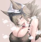  1boy 1girl absurdres animal_ears arknights ashlock_(arknights) bar_censor blush breasts brown_background brown_hair censored cleavage covered_nipples ears_through_headwear fellatio grey_eyes helmet hetero highres huge_breasts licking licking_penis looking_at_viewer mosaic_censoring oral paizuri paizuri_under_clothes penis poni_(poni_arknights) short_hair simple_background solo_focus sports_bra squirrel_ears squirrel_girl squirrel_tail steaming_body tail tongue tongue_out upper_body 